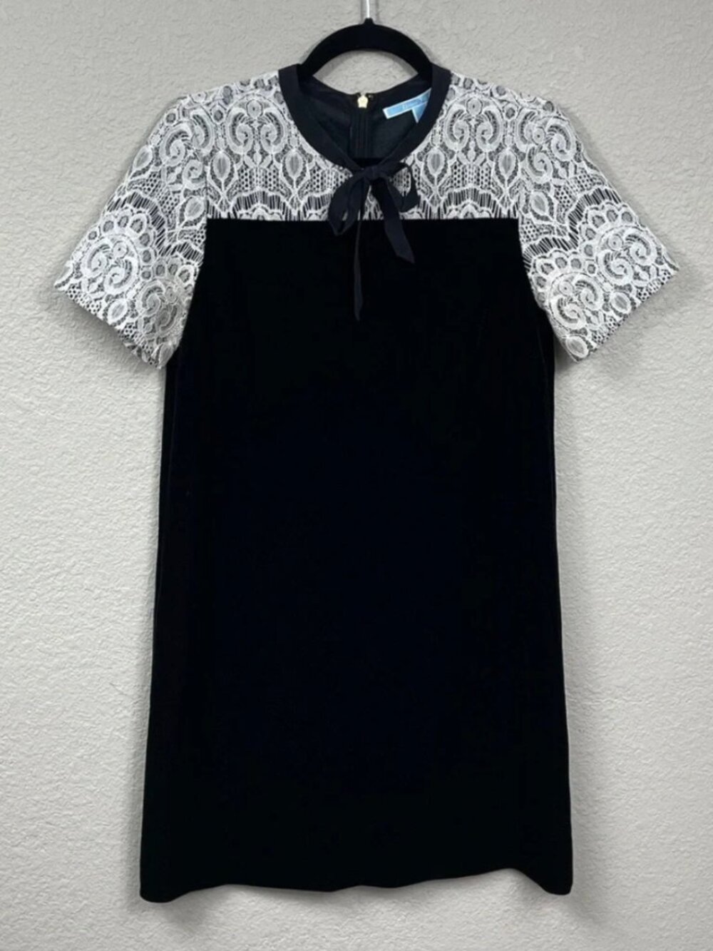 Draper James Black Velvet Lace Shift Dress Women's Size 8 Ivory Lace Bow